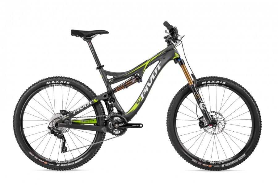 Pivot Mach 6: A black and green Pivot mountain bike, showcasing a sleek frame design, prominent suspension features, and rugged tires. The bike is positioned to highlight its components, including disc brakes and a high-performance gear system.