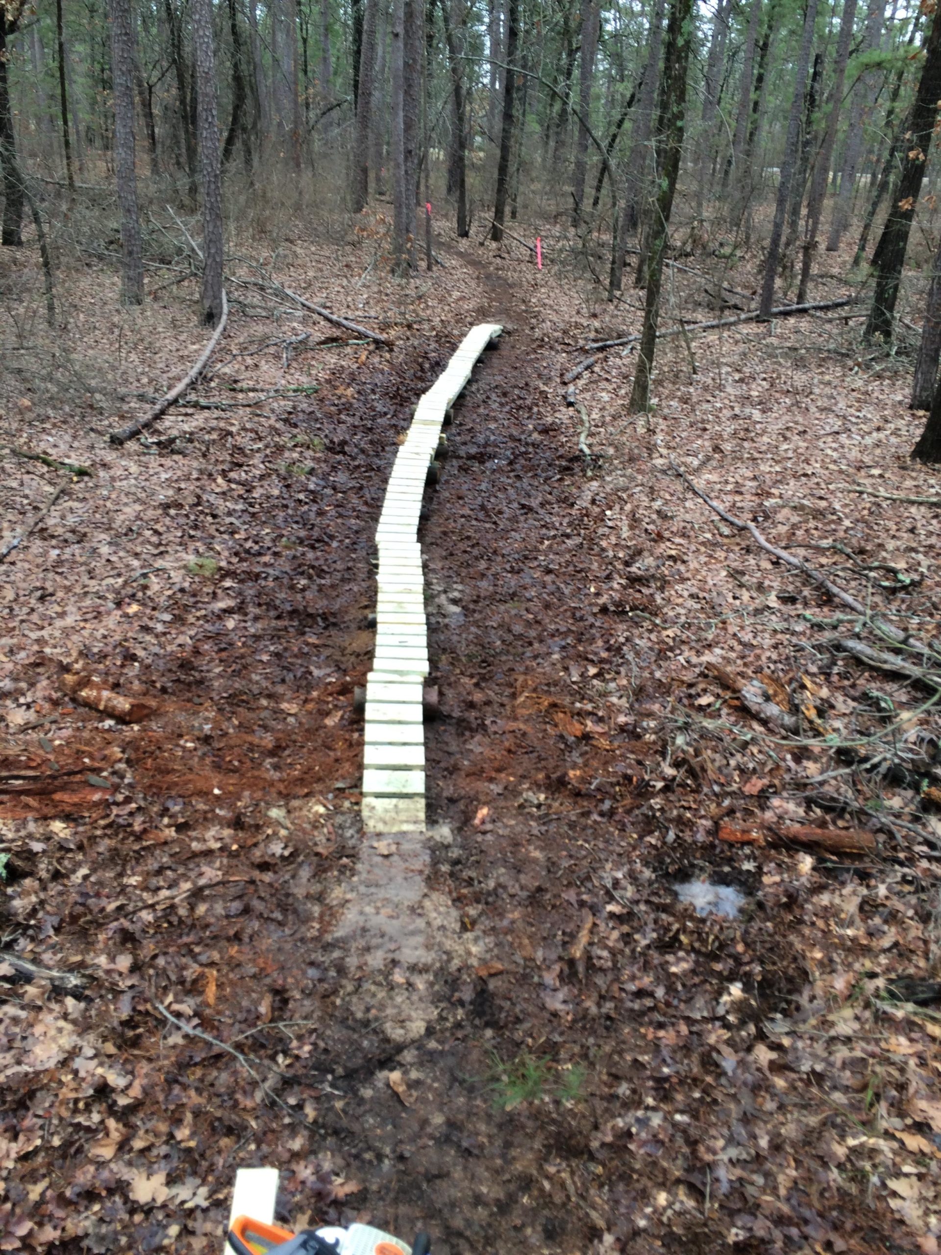 A narrow wooden boardwalk winding through a forested area, lined with fallen leaves and trees. Pink flags are visible in the background, marking the trail's boundaries. Barber Hills Trail at Pat Mayse Lake mountain bike trail.