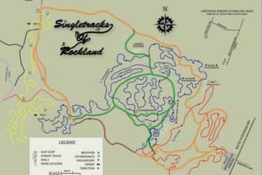 Map of the Singletracks of Rockland, detailing various biking trails with color-coded difficulty levels: beginner, intermediate, challenging, and expert. It includes a legend, scale, and points of interest such as the East Loop and Summit Trails, along with parking information. North is indicated at the top of the map. Rockland Preserve mountain bike trail.