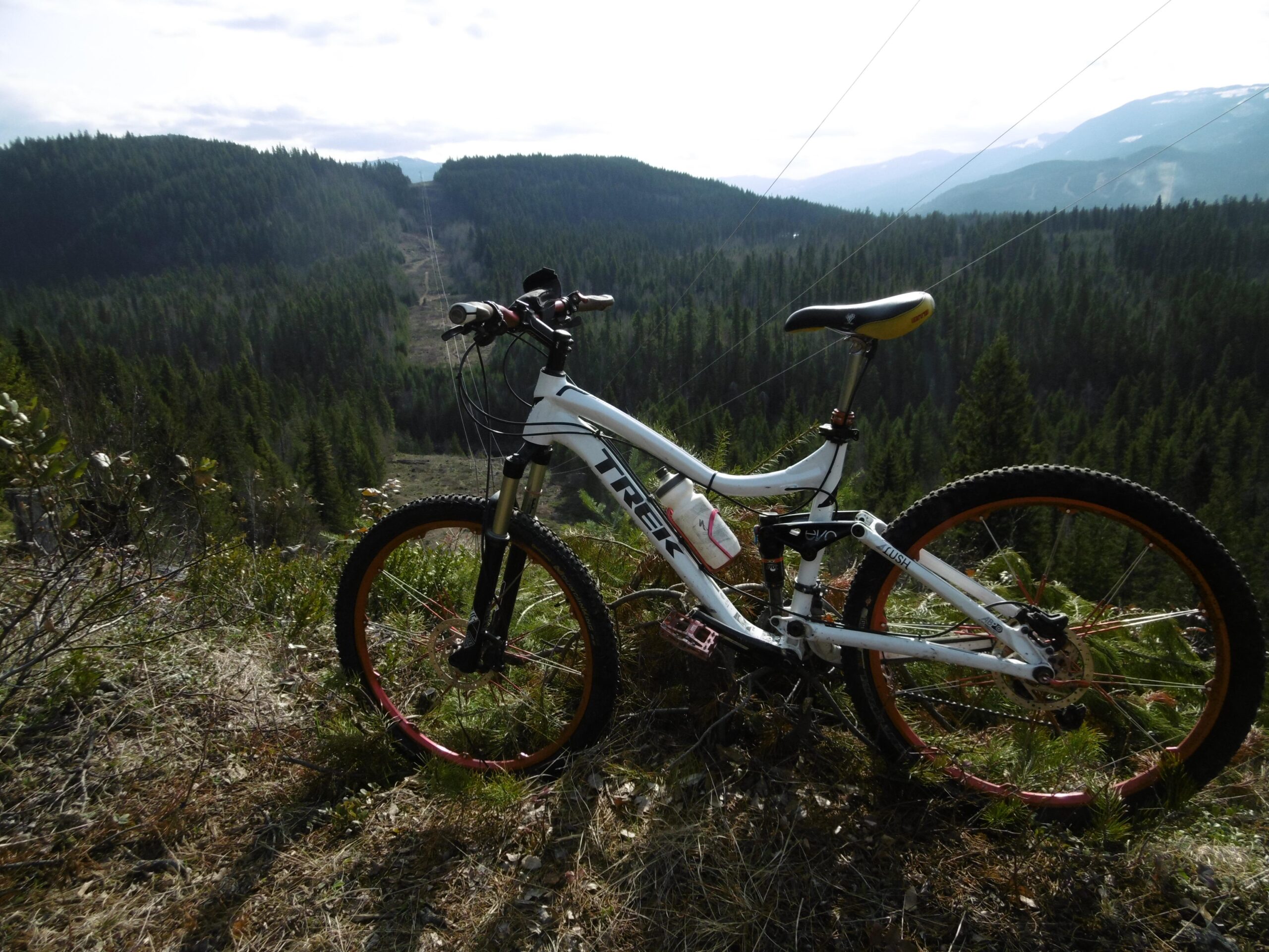 A white mountain bike with orange rims stands on a grassy ridge overlooking a dense forested valley. In the distance, rolling hills are partially obscured by a hazy sky, creating a serene outdoor scene perfect for biking adventures. Gate Creek mountain bike trail.
