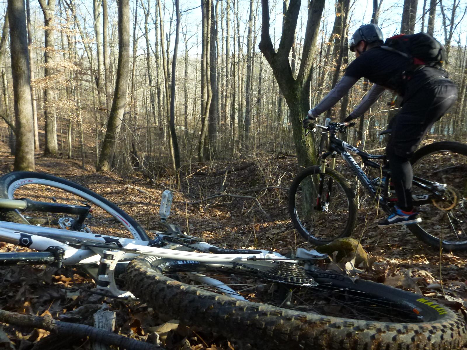 A mountain biker navigating a wooded trail, with fallen bikes in the foreground. The scene captures the natural landscape, featuring bare trees and a forest floor covered in leaves. The biker is in mid-action, showcasing an energetic moment in the ride. Salem Lake mountain bike trail.
