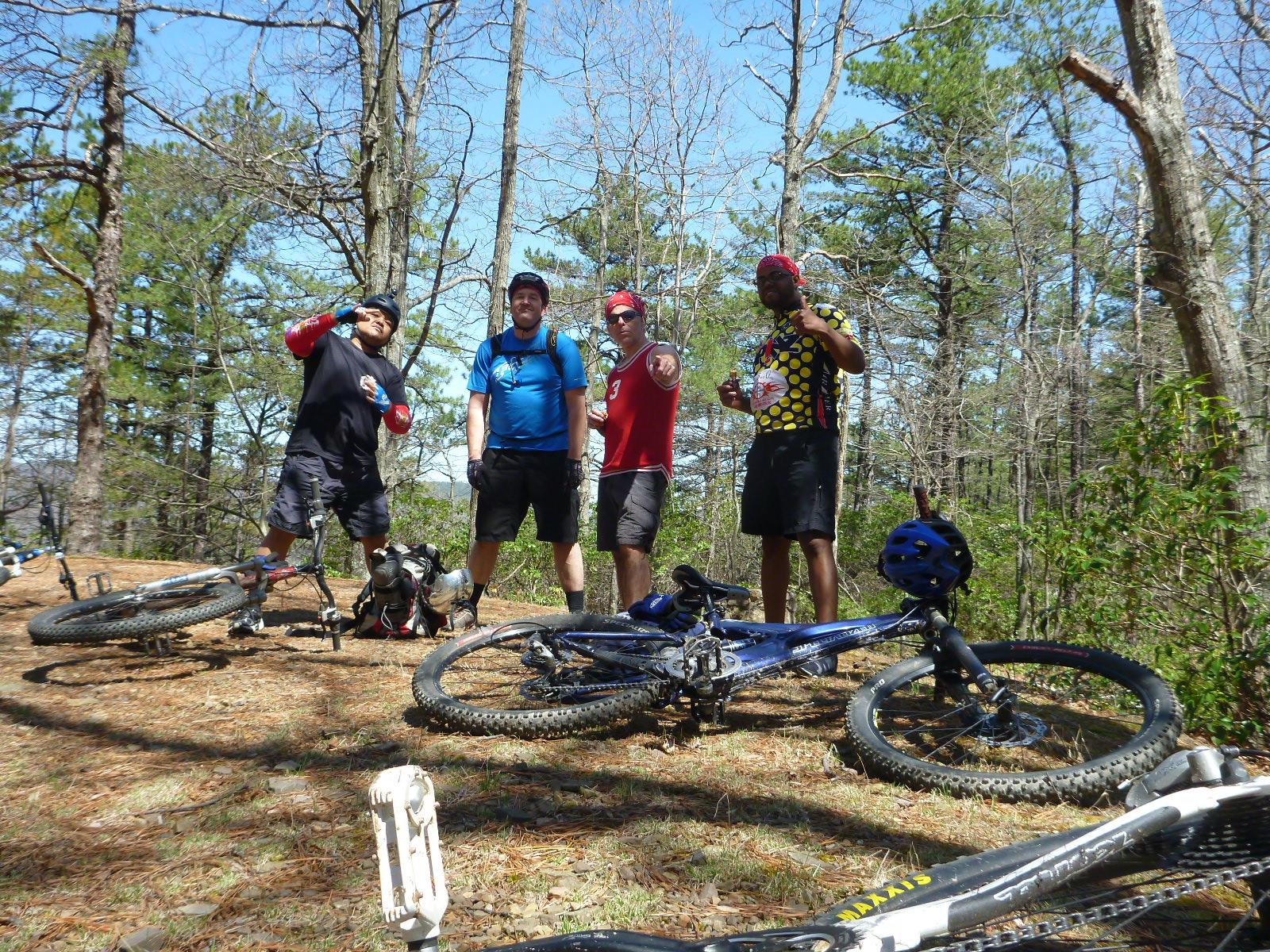 Four mountain bikers pose for a photo on a sunny day in a forested area. They are standing near their bikes, smiling and making playful gestures. The background features tall trees and a clear blue sky, creating a vibrant outdoor atmosphere. Pine needles cover the ground around them. Carvin's Cove Trail system mountain bike trail.