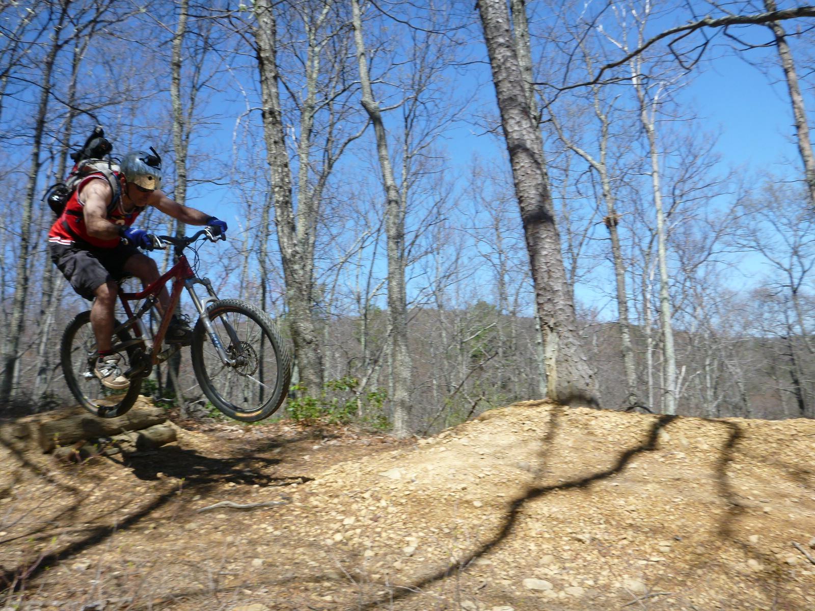 A mountain biker in a red tank top and helmet leaps off a dirt ramp on a forest trail, surrounded by bare trees and a clear blue sky. Carvin's Cove Trail system mountain bike trail.