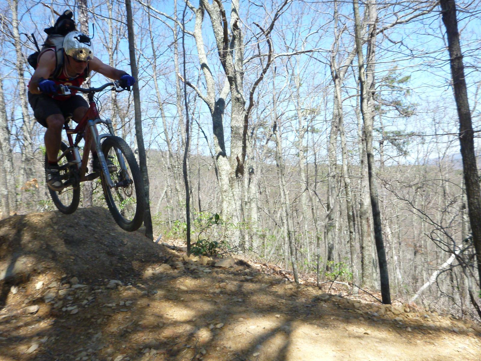 A mountain biker in a helmet and protective gear airborne off a dirt jump, surrounded by bare trees and a clear blue sky in a forested area. Carvin's Cove Trail system mountain bike trail.