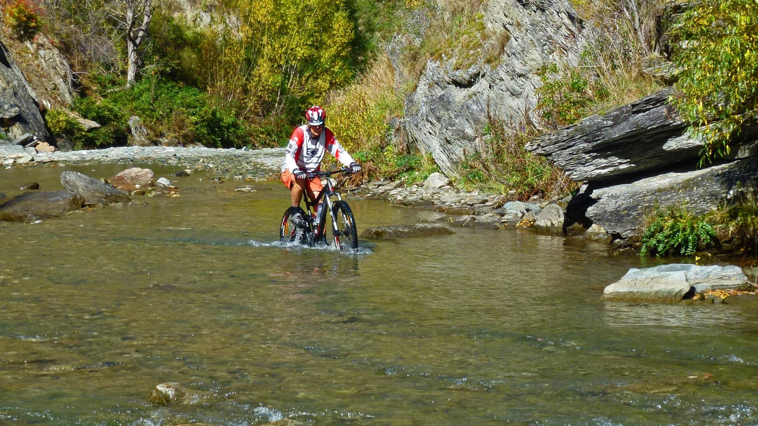 A mountain biker traverses a shallow, rocky stream, surrounded by lush greenery and rocky terrains. The cyclist is wearing a helmet and a red and white jersey, paddling through the water as it splashes around the bike tires. Sunlight illuminates the scene, highlighting the vibrant colors of the natural landscape. Macetown and the Arrow Gorge mountain bike trail.