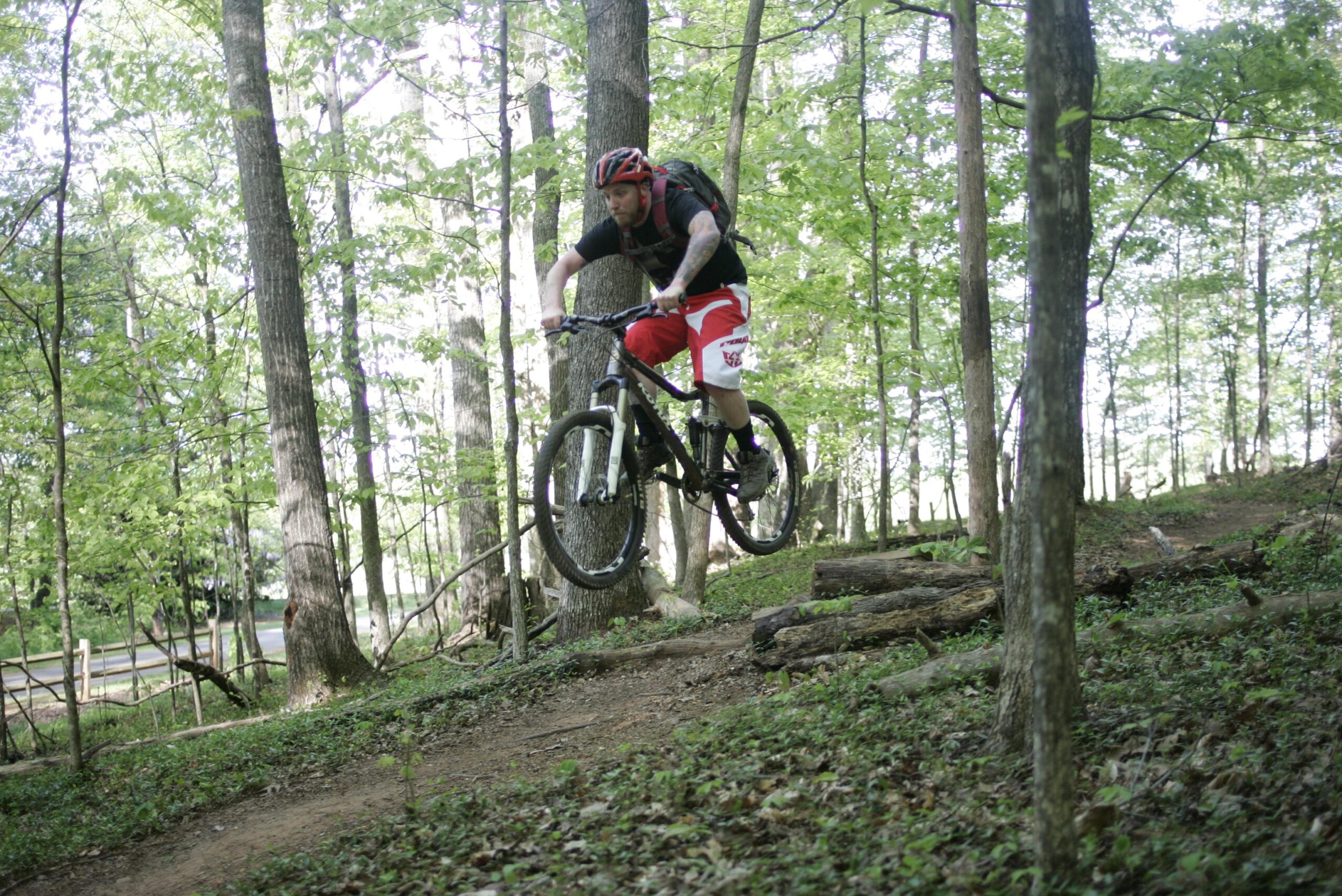 A mountain biker in a black shirt and red shorts is airborne while jumping over a log on a dirt trail surrounded by green trees in a lush forest setting. Tanglewood Park mountain bike trail.