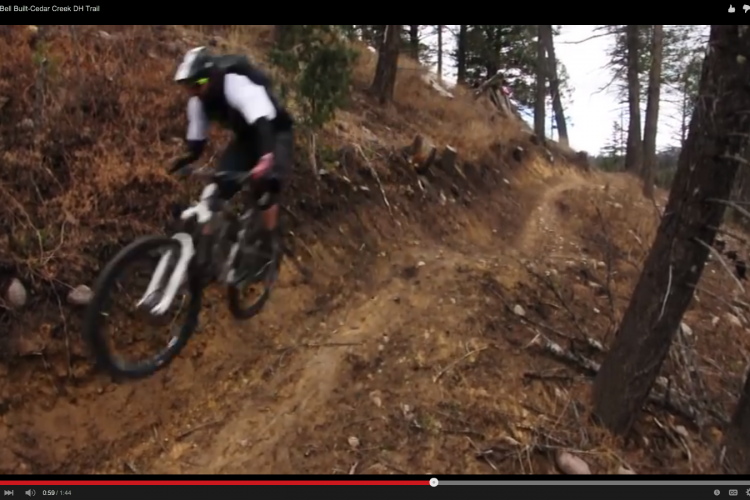 A mountain biker navigating a dirt trail on a bike with a black and white frame, surrounded by trees and rocky terrain. The rider is in motion, leaning to one side while maneuvering through the narrow path. The background features earthy tones and patches of vegetation typical of a forested area.