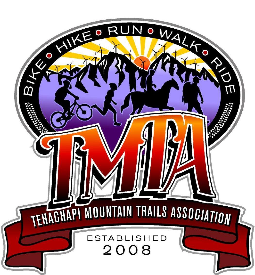 Logo of the Tehachapi Mountain Trails Association (TMTA), featuring silhouettes of people engaging in various outdoor activities such as biking, hiking, running, walking, and horseback riding. The design includes mountains and wind turbines in the background with a sunset. The year "2008" is noted, indicating the establishment of the association. The color scheme includes purple, orange, and black.