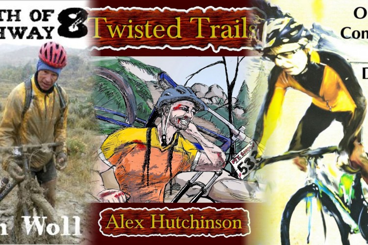 A collage featuring three cyclists and book titles related to cycling. The left side displays a photo of a muddy cyclist with the text "North of Highway 8" and the name "Dan Woll." The center section features an illustrated cyclist, labeled "Twisted Trail" and "Alex Hutchinson." The right side includes an image of another cyclist in motion alongside the text "Obsessive Compulsive Cycling Disorder" and the name "Dave Barter."
