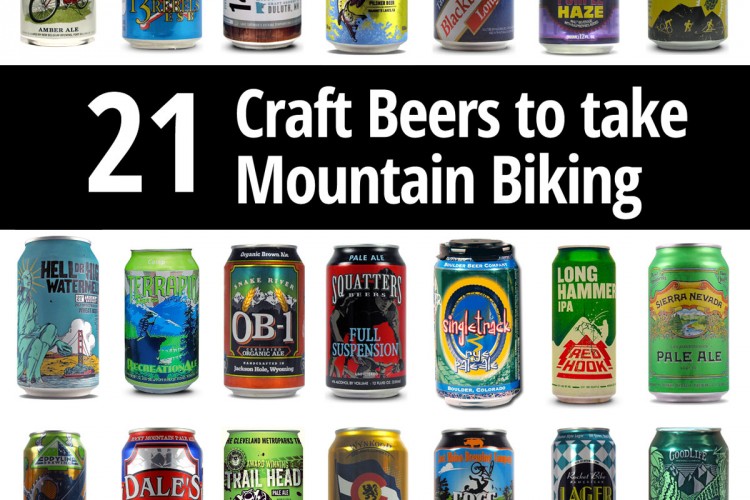 A collage featuring 21 different craft beer cans, arranged in two rows, with a bold label stating "21 Craft Beers to take Mountain Biking." The cans display various colorful designs and branding from different breweries.