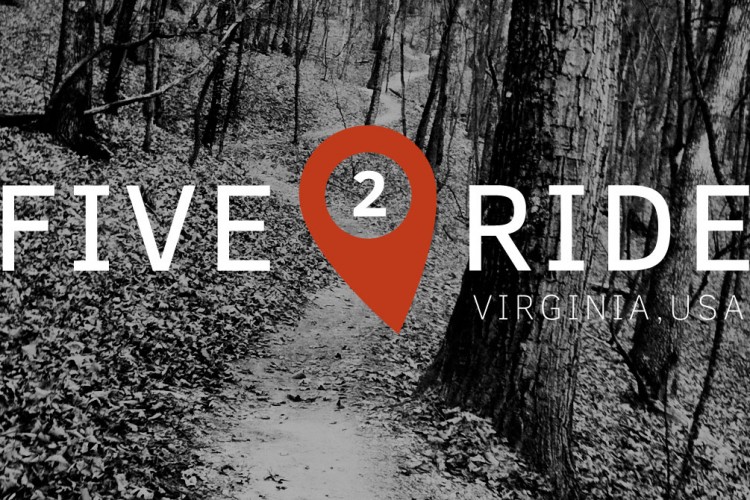 Alt text: A forest path with trees on either side, featuring the text "FIVE 2 RIDE" and a location pin graphic. The bottom of the image includes the words "VIRGINIA, USA." The overall tone is black and white with a red accent on the location pin.