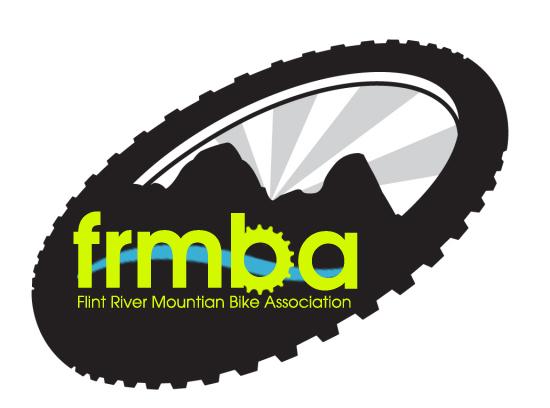 Logo of the Flint River Mountain Bike Association (FRMBA), featuring a mountain bike tire tread design with stylized mountains and rays in the background. The text "frmba" is displayed in bright green and blue colors, symbolizing the association