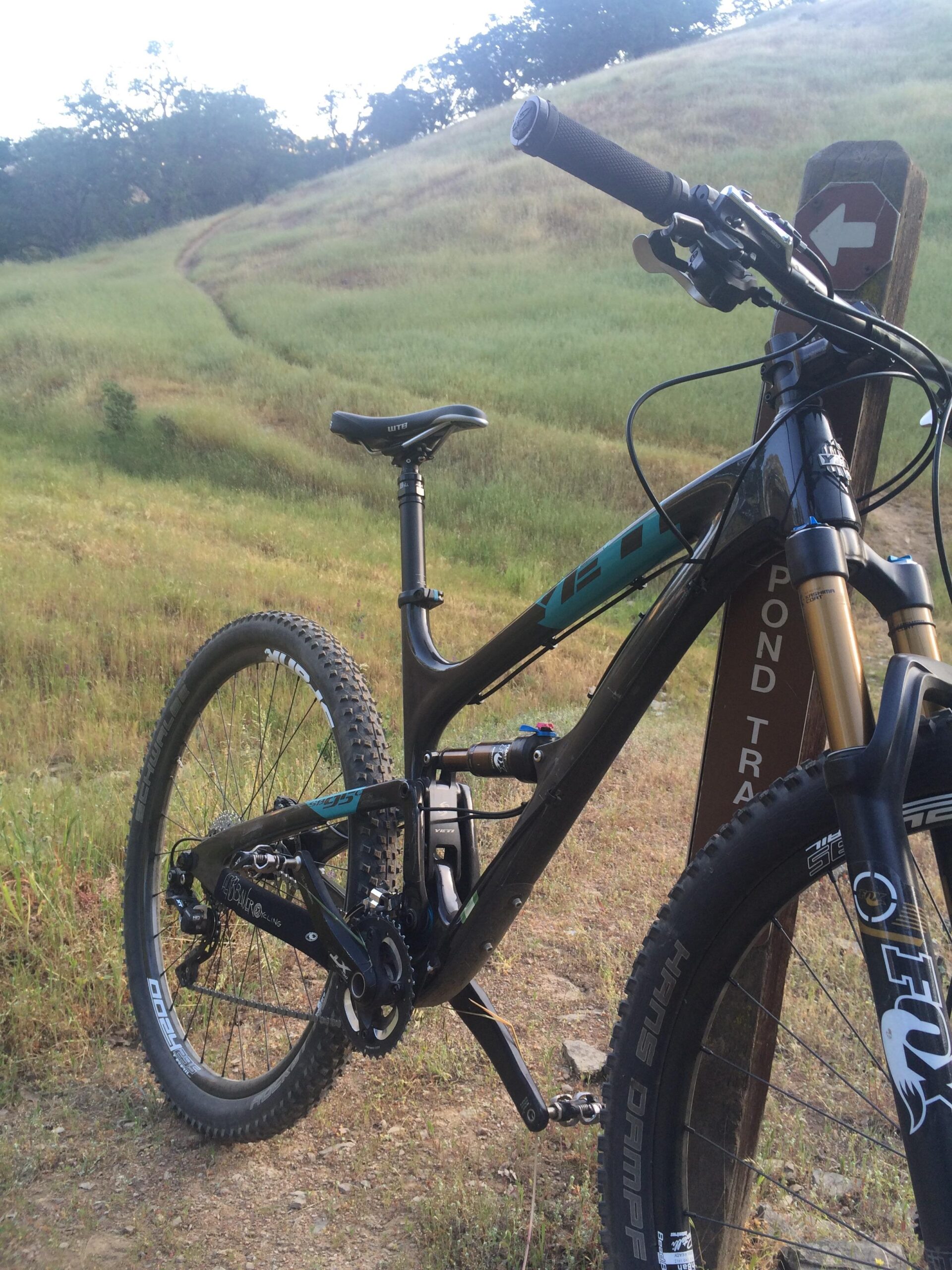 Yeti SB95: A mountain bike parked next to a trail sign indicating the direction to "Pond Trail," with a grassy hillside and trees in the background.