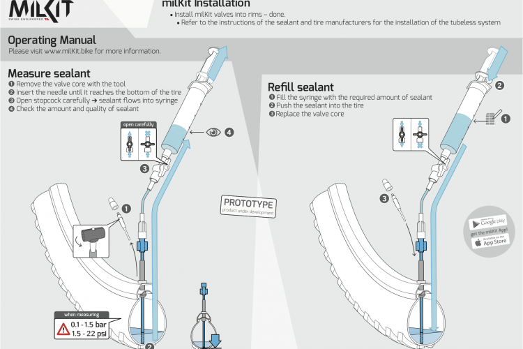 Alt text: Instruction manual for milKit installation showing steps to measure and refill tire sealant, including illustrations of the syringe and valve.
