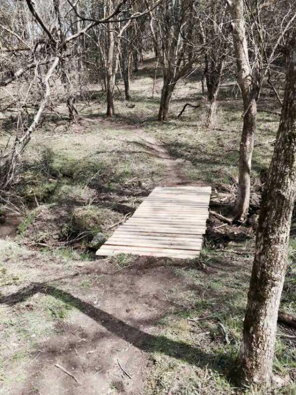 A wooden bridge crossing a small creek in a wooded area, with a narrow dirt path leading into the trees. The surroundings are composed of bare branches and grass in early spring. Capital View mountain bike trail.