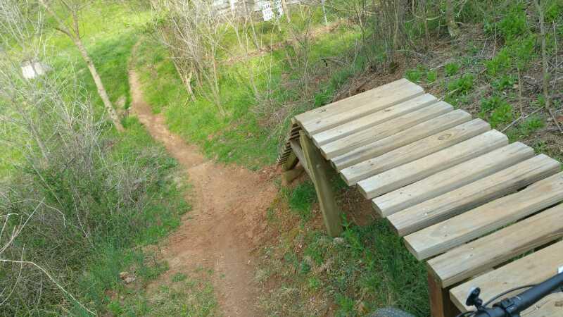 A wooden ramp leading down a dirt trail surrounded by green grass and trees, with an incline and a slight curve visible in the path. Signal Hill mountain bike trail.