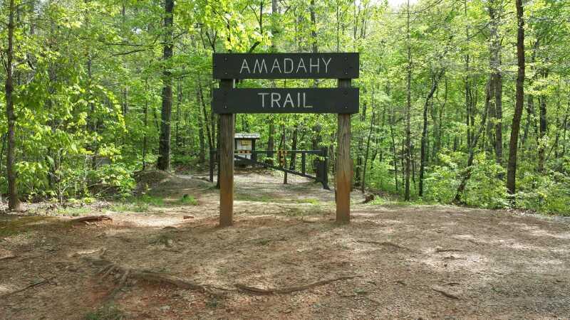 A wooden sign marking the Amadahy Trail, set in a lush green forest with sunlight filtering through the trees. The trailhead reveals a narrow path leading into the woods, indicating the start of a scenic hike. Woodring Branch mountain bike trail.