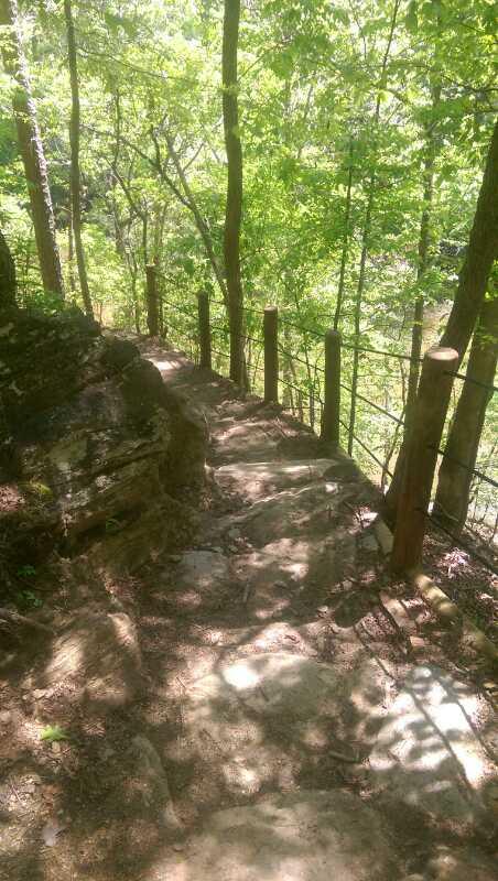 A winding stone pathway through a lush, green forest, lined with wooden posts and a wire fence. Sunlight filters through the leaves, casting dappled shadows on the ground. Blankets Creek mountain bike trail.