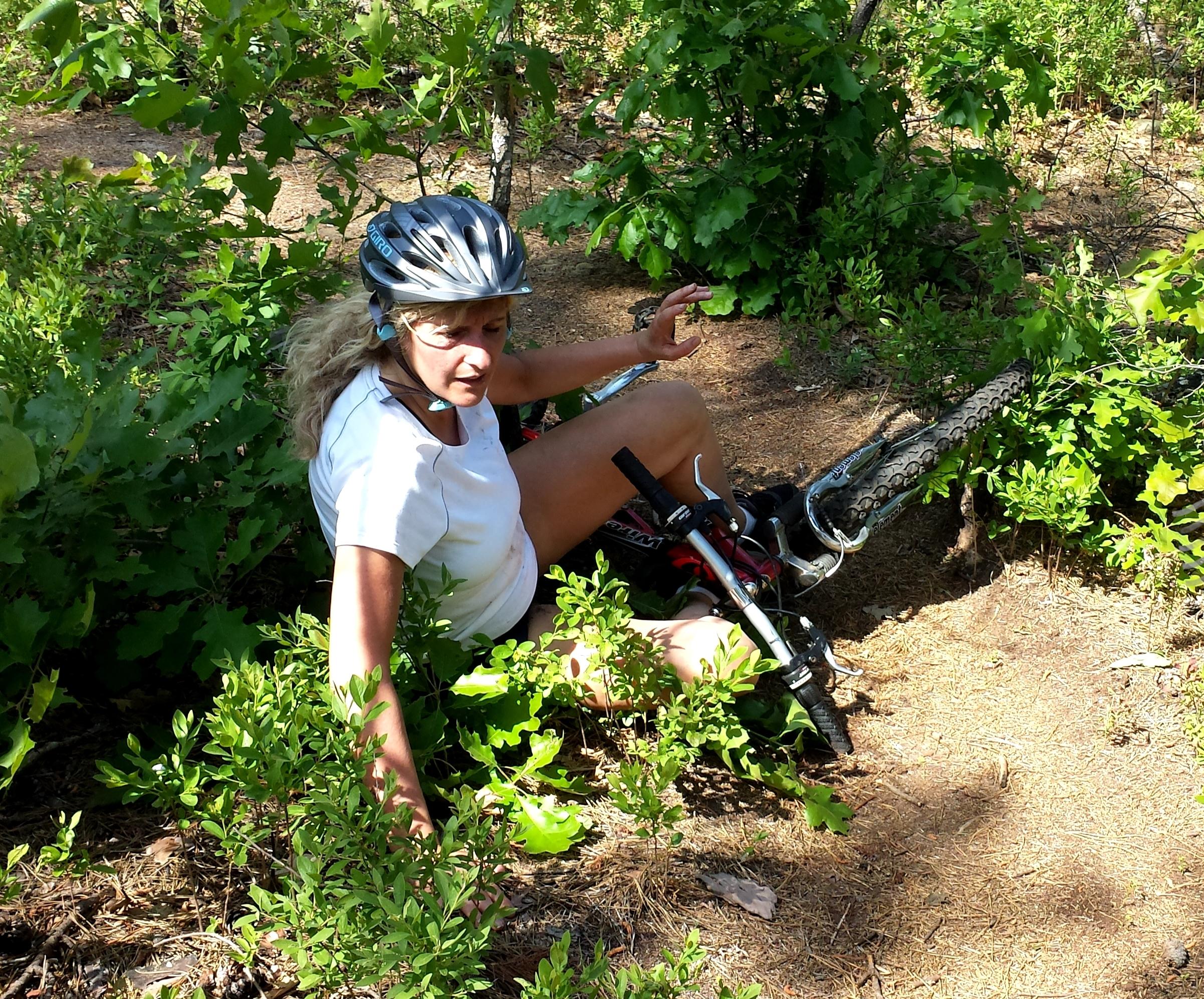 A woman in a cycling helmet sits amidst greenery on the ground, appearing to have fallen off her mountain bike. She is wearing a white t-shirt and shorts, looking towards the camera with an expression of surprise or concern. The surrounding area is filled with various plants and bushes, set in a natural outdoor environment. Wharton State Forest mountain bike trail.