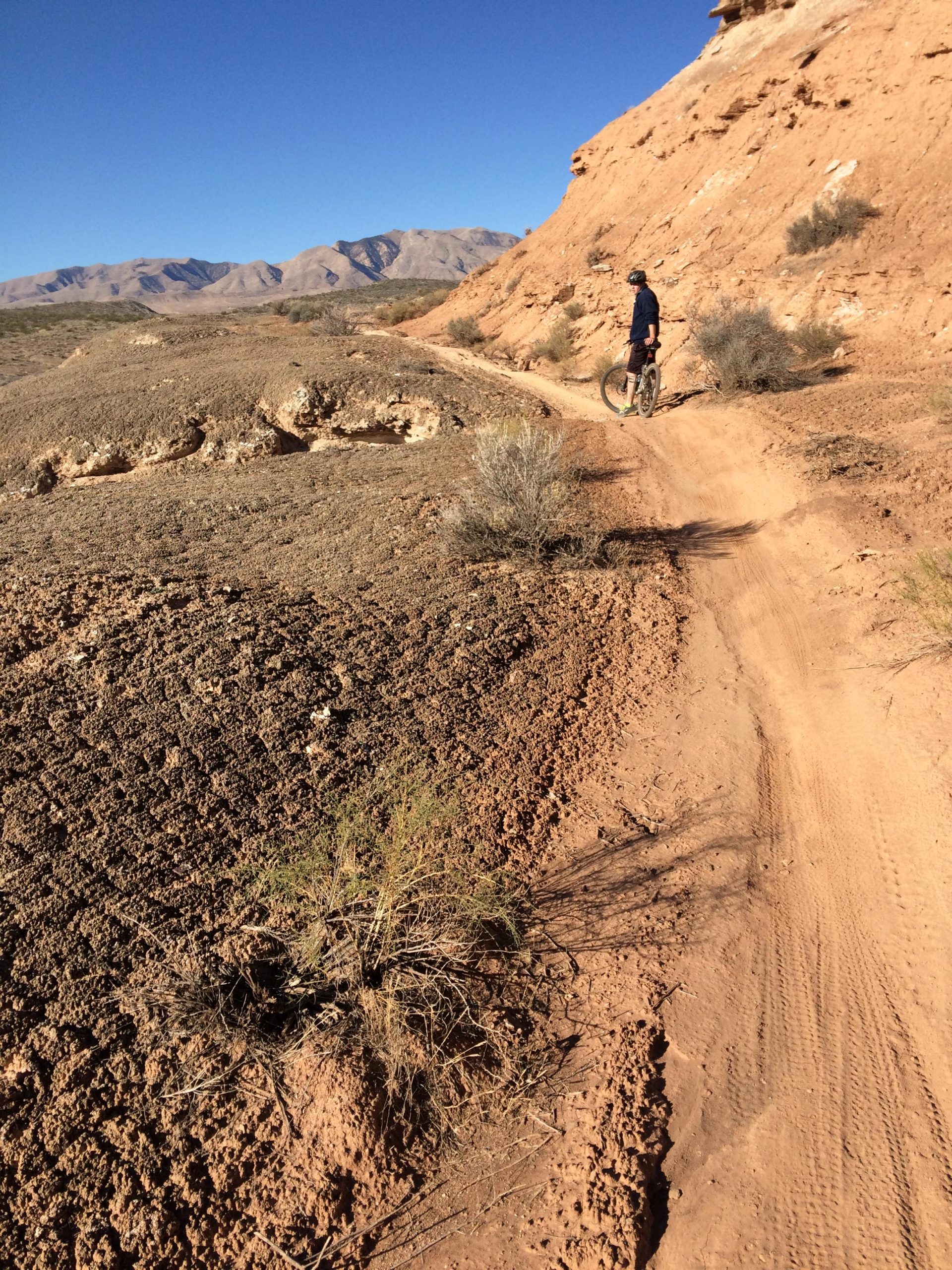 A person riding a mountain bike on a dirt trail surrounded by rocky terrain and sparse vegetation, with rolling hills and a clear blue sky in the background. Bearclaw Poppy mountain bike trail.