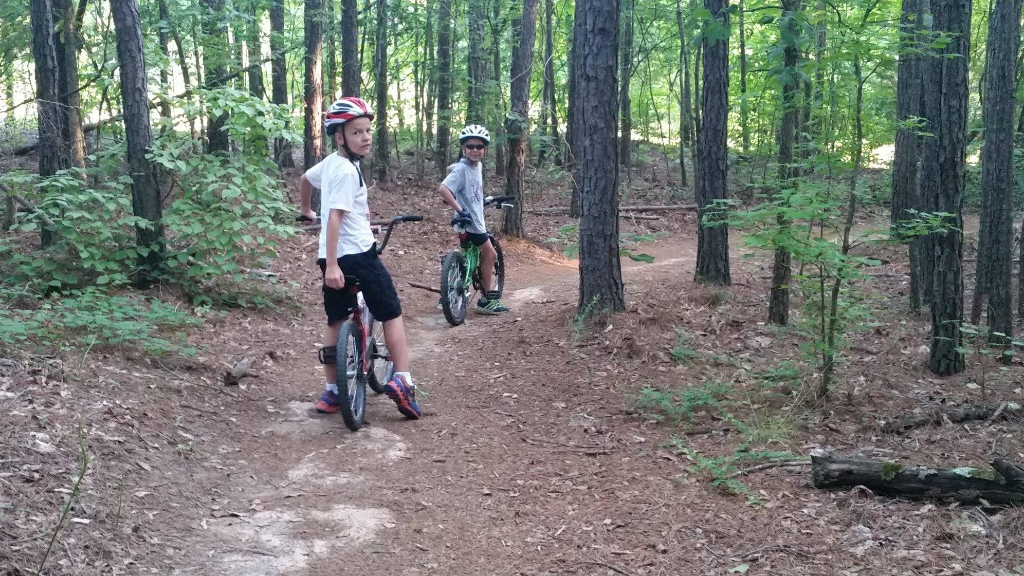 Two children are riding bikes on a wooded trail surrounded by tall trees. One child, wearing a helmet and a white shirt, is looking back toward the camera, while the other, dressed in a gray shirt and helmet, is slightly turned and smiling. Sunlight filters through the leaves, creating a lively atmosphere in the natural setting. Harbins Park mountain bike trail.