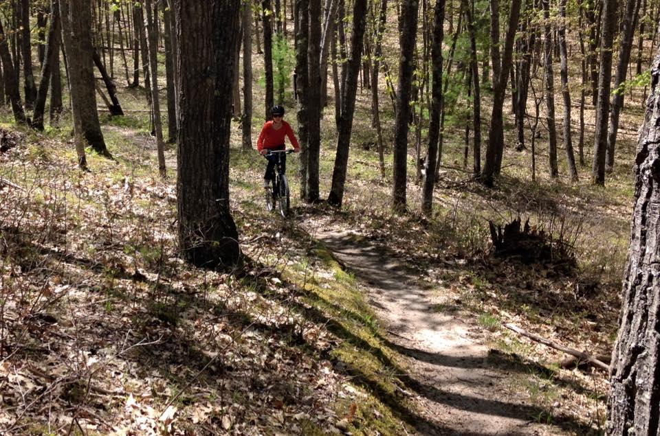 A person wearing a red sweatshirt and a helmet rides a mountain bike along a winding dirt path through a wooded area during spring. Sunlight filters through the trees, illuminating patches of green foliage and dried leaves on the ground. Hanson Hills mountain bike trail.