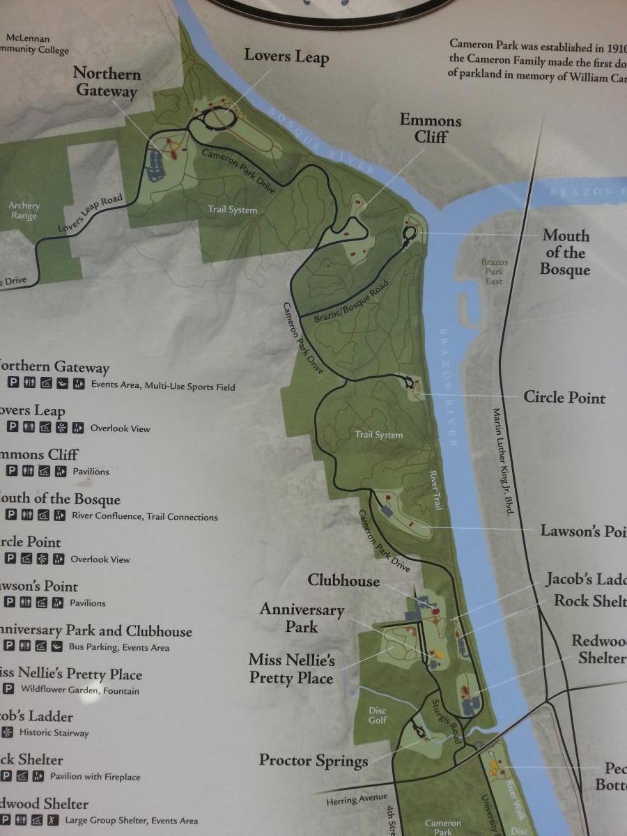 Map of Cameron Park, highlighting various locations such as Lovers Leap, Northern Gateway, and Emmons Cliff. It includes details about trails, parks, pavilions, and recreational areas within the park. The riverside features and facilities like the Clubhouse and Miss Nellie's Pretty Place are marked for navigation and visitor orientation. Cameron Park mountain bike trail.