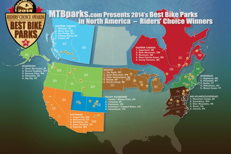 Map depicting the 2014 Best Bike Parks in North America, as presented by MTBparks.com. The map highlights various regions including Western Canada, the Northwest, the Southwest, the Rocky Mountains, the Midwest, the Northeast, and the Mid-Atlantic/Southeast, with notable bike parks marked and ranked across these areas. Each region is color-coded, and a badge indicates the "Riders’ Choice Awards."