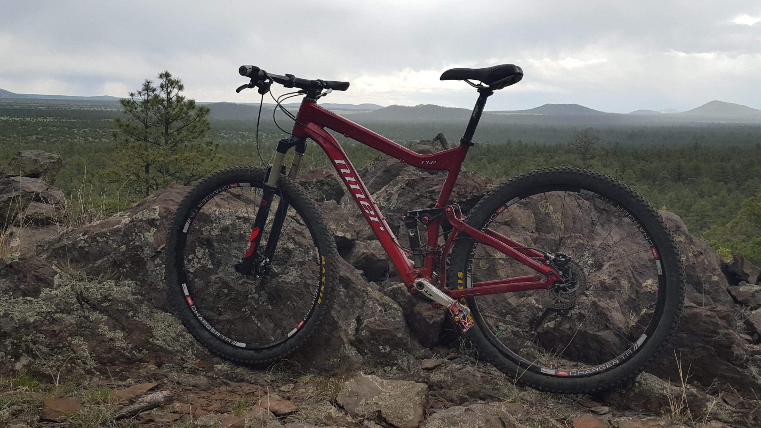 A red mountain bike leaning against a large rock, set against a backdrop of lush green forest and distant mountains under a cloudy sky. Panorama mountain bike trail.