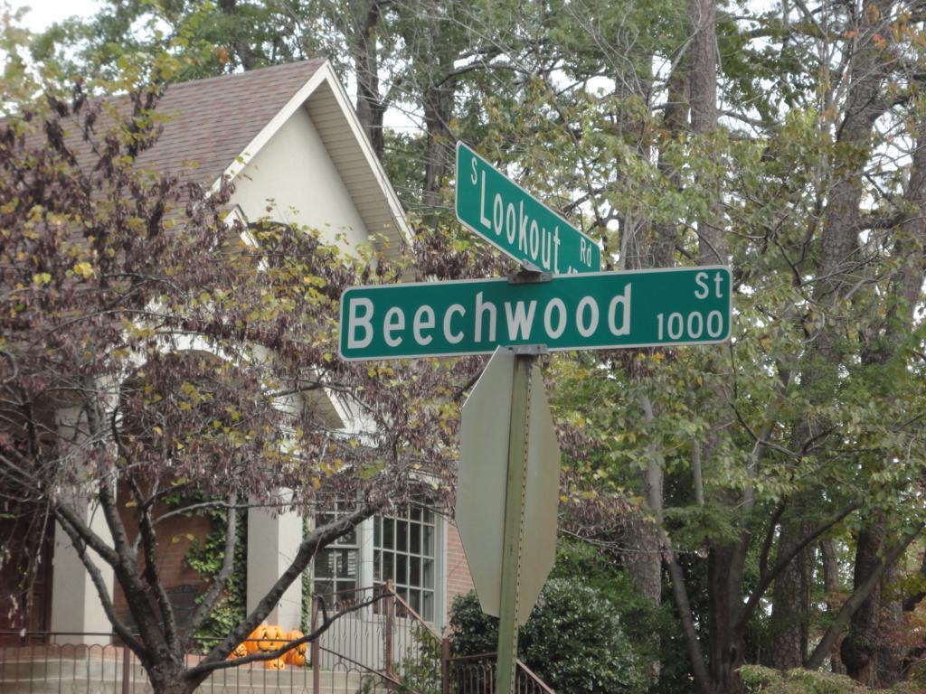 Green street signs at the intersection of Beechwood Street and Lookout Road, surrounded by trees and a house in the background. Allsopp Park mountain bike trail.