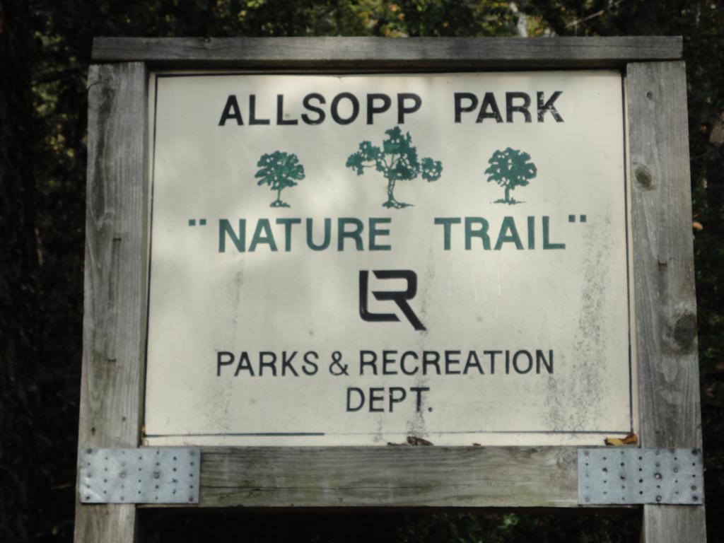 A weathered wooden sign marking the entrance to Allsopp Park's Nature Trail, featuring green trees and the text "Allsopp Park" at the top, followed by ""NATURE TRAIL"" and "PARKS & RECREATION DEPT." at the bottom. Allsopp Park mountain bike trail.