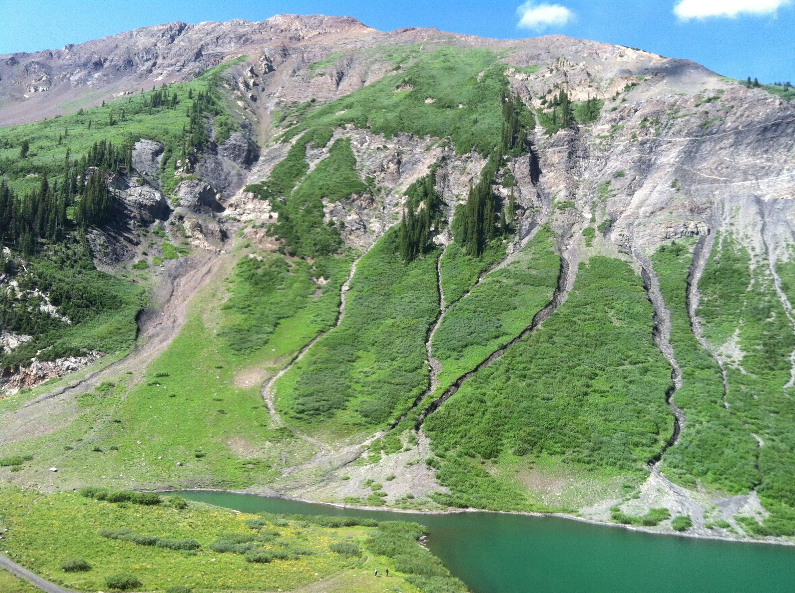 A lush green hillside slopes down towards a tranquil body of water, with rocky outcrops and coniferous trees scattered throughout. The landscape features distinct geological formations and intricate lines of soil erosion, showcasing the natural beauty of the area against a clear blue sky with a few clouds. Trail 401 mountain bike trail.