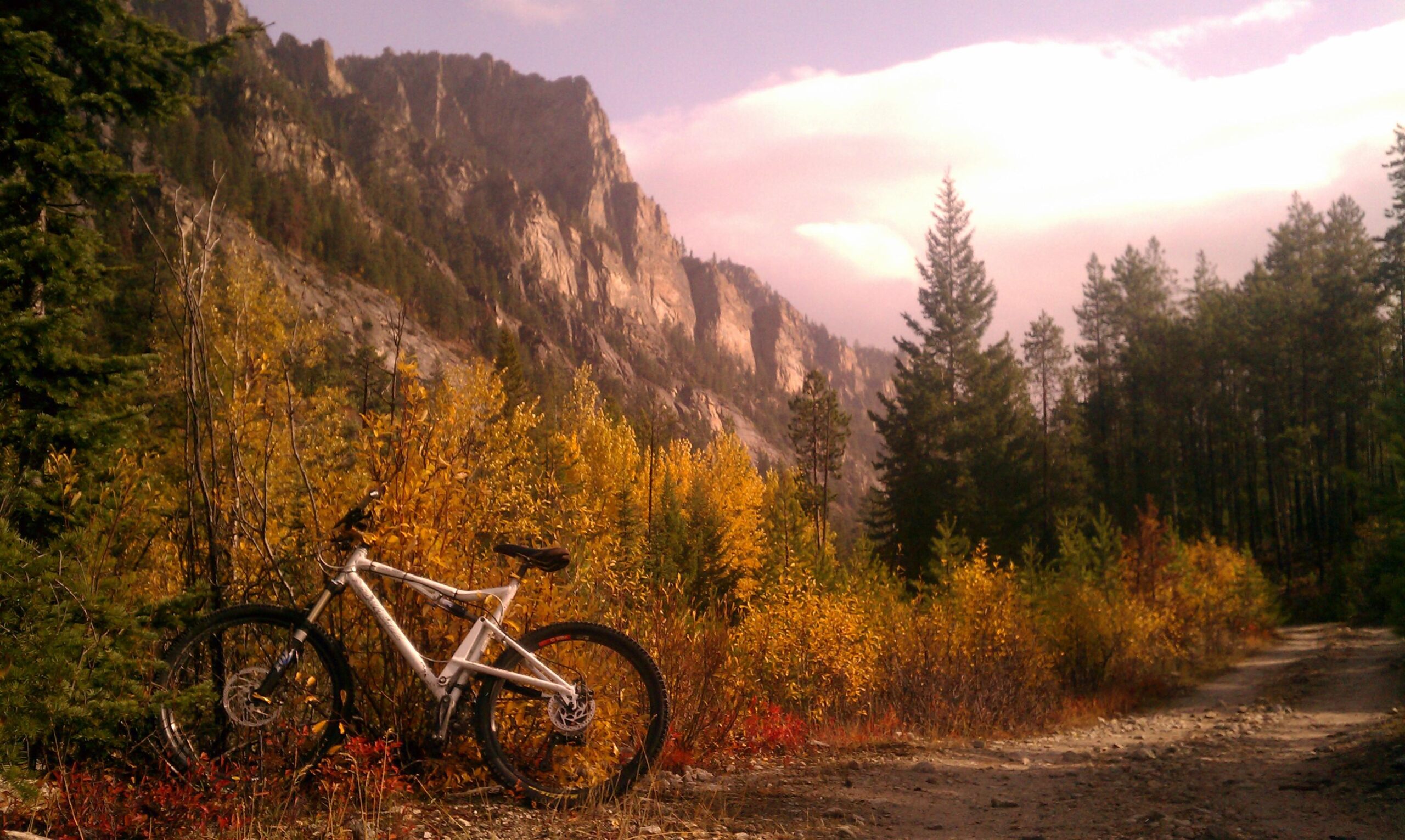 Santa Cruz Heckler: A mountain bike parked along a dirt trail surrounded by vibrant autumn foliage, with rocky mountains and a partly cloudy sky in the background.