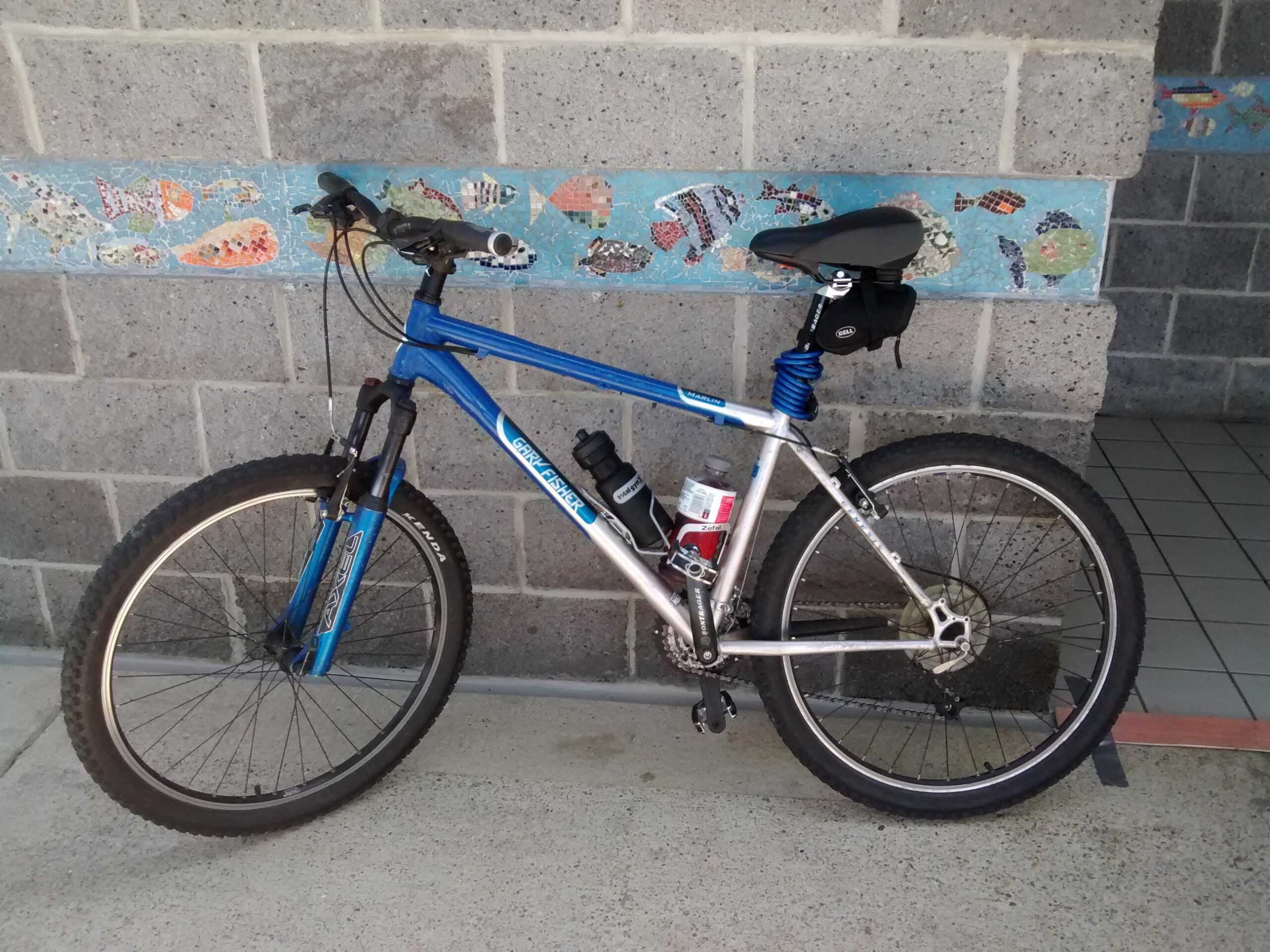 Gary Fisher Marlin: A blue and silver mountain bike is leaning against a textured gray wall. The bike features thick tires, front suspension, and a water bottle attached to the frame. A colorful mosaic of fish is visible in the background, adding an artistic touch to the setting.