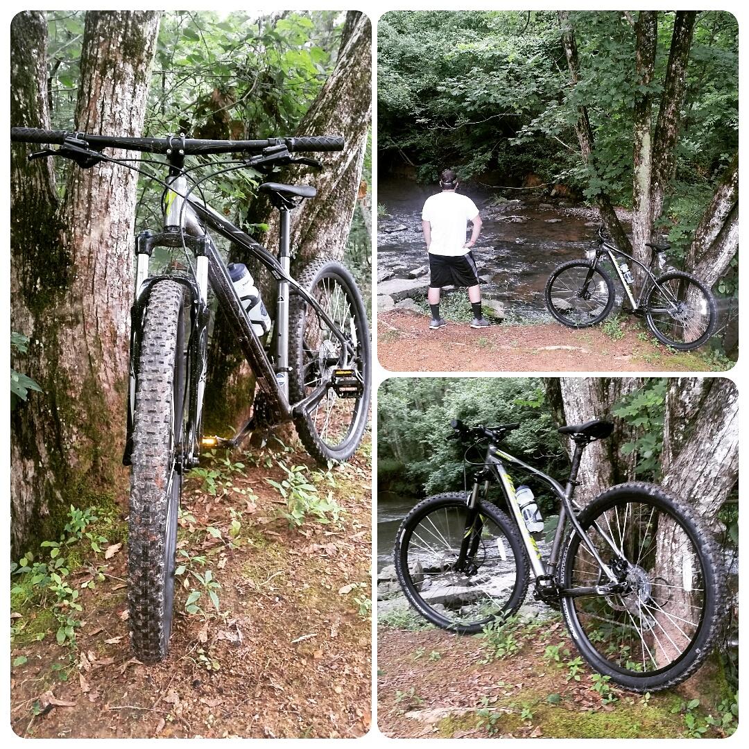 A mountain bike parked next to a tree in a wooded area, with a person standing by a stream in the background. The bike has a water bottle attached and is partially visible from the front, while the person is facing away from the camera. The scene conveys a natural and adventurous outdoor setting, showcasing greenery and water elements. Tannehill Historic Ironworks State Park mountain bike trail.