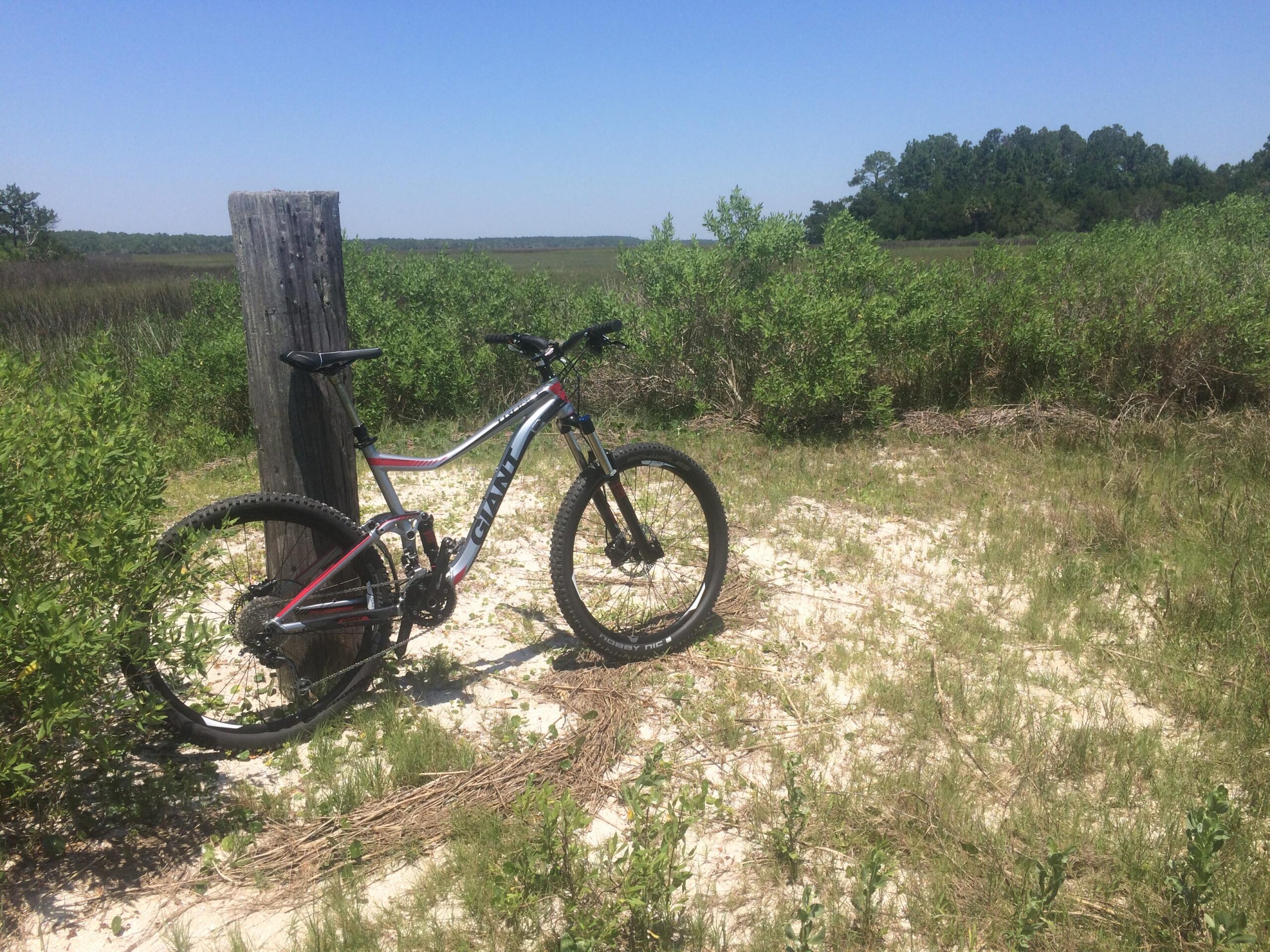 Giant Trance 27.5 3: A mountain bike leaning against a weathered wooden post in a grassy area, surrounded by shrubs and trees, with a clear blue sky in the background.
