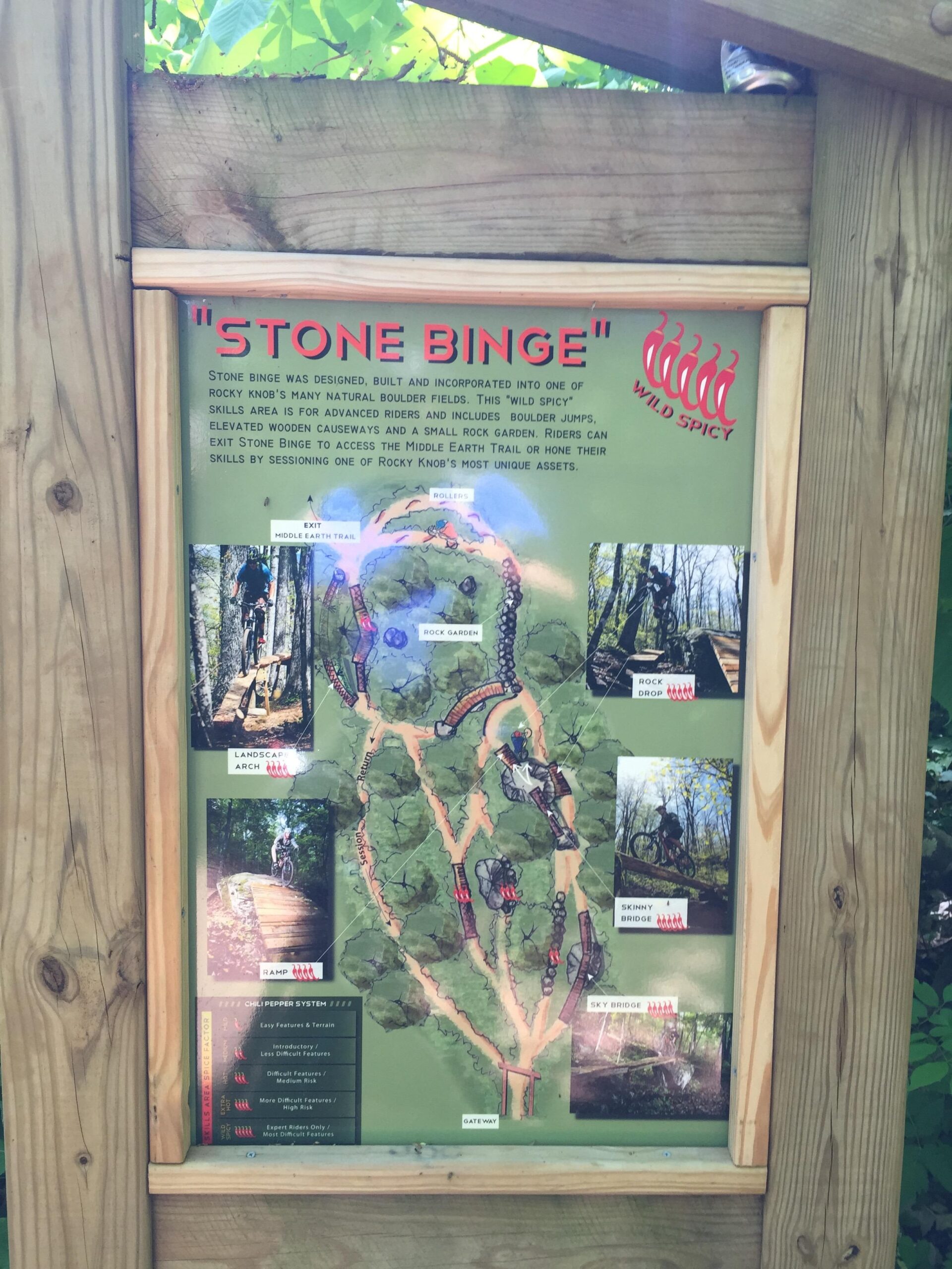 A trail sign titled "Stone Binge" detailing a mountain biking skills area at Rocky Knob. The sign describes features such as boulder jumps, wooden causeways, and a rock garden. It includes a map of the trail layout with various skill levels indicated by a chili pepper rating system, alongside photos of trail elements such as ramps, bridges, and roller sections. The background is wooded, emphasizing the natural setting. Rocky Knob Park mountain bike trail.