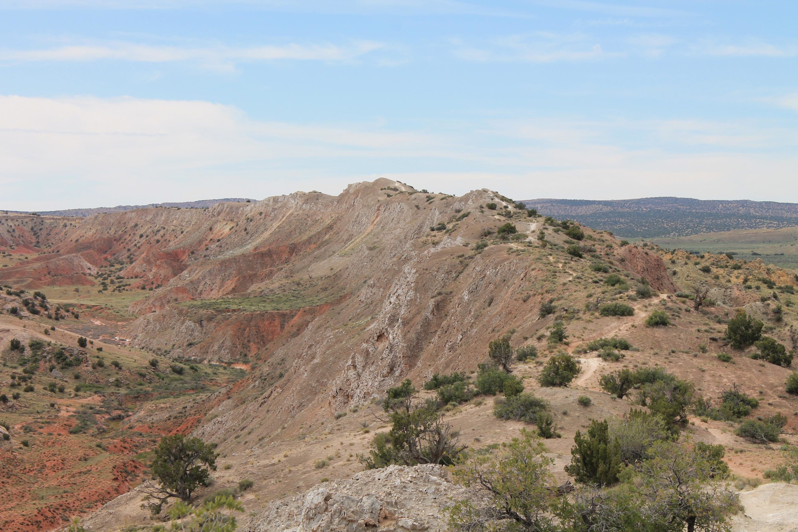 A panoramic view of a rugged landscape featuring sloping hills and deep valleys with varied shades of red and brown soil. Sparse vegetation, including small shrubs and trees, dot the terrain against a backdrop of distant rolling hills and a partly cloudy sky. White Ridge Bike Trails mountain bike trail.