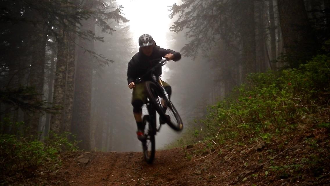 A mountain biker performing a trick with one wheel off the ground on a dirt trail surrounded by tall trees and fog. The scene captures a sense of adventure and excitement in a forested environment. Pyramid / Sturgeon Rock Trail mountain bike trail.