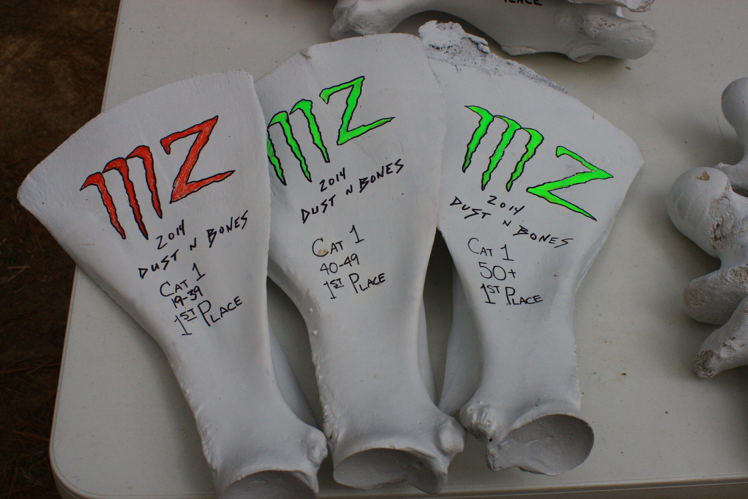 Three trophy-like trophies with a white, bone-like appearance, featuring the text "2014 DUST N BONES" and painted "MZ" logos in orange and green. Each trophy lists different age categories: "Cat 1 19-39 1st Place," "Cat 1 40-49 1st Place," and "Cat 1 50+ 1st Place." The trophies are displayed on a table, with additional bone-like objects in the background. Mt. Zion Bike Trails mountain bike trail.