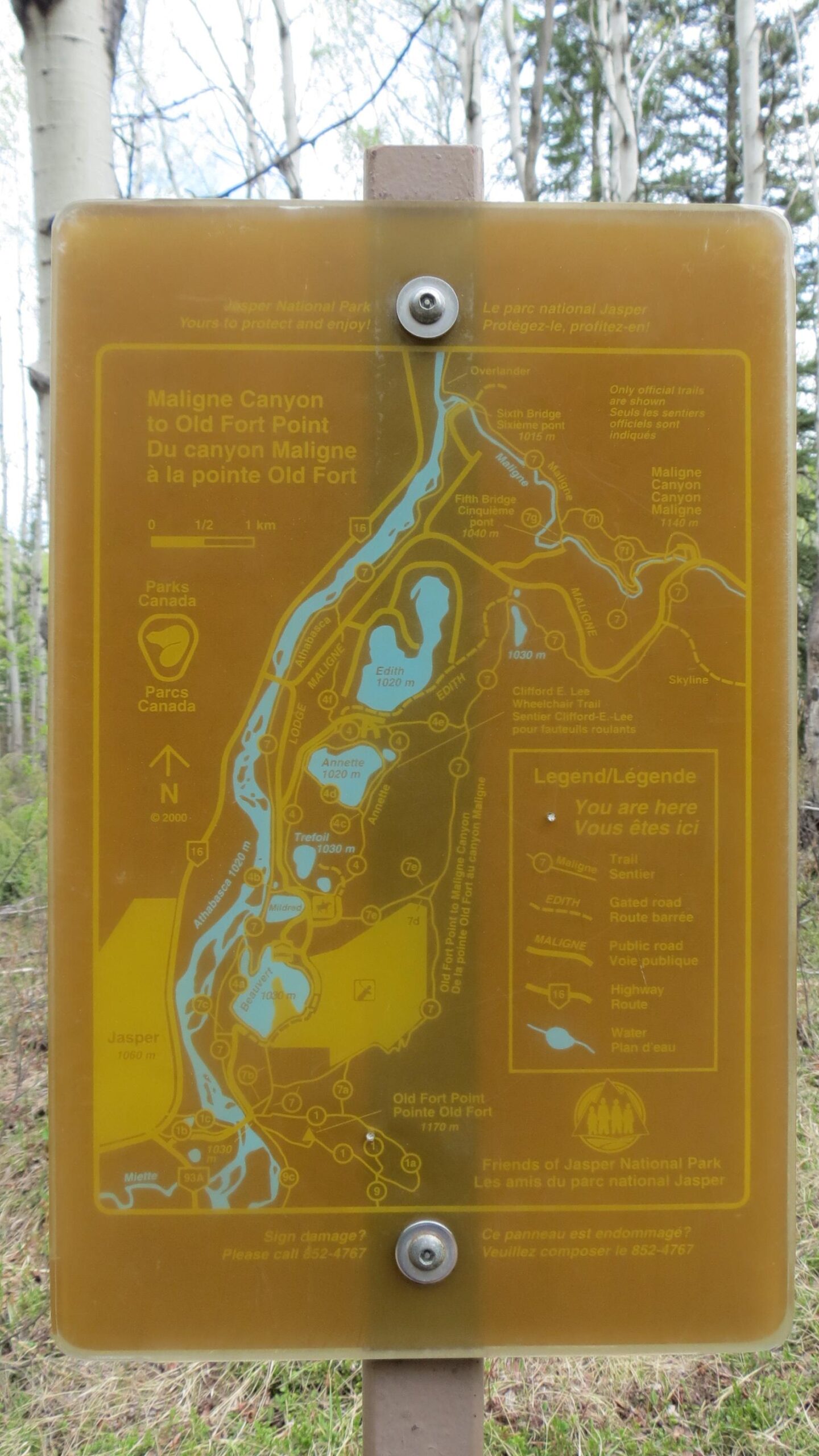 A map sign for Maligne Canyon to Old Fort Point, located in Jasper National Park. The sign includes trail information, distances, key landmarks, and a "You are here" indicator. The background features trees common to the area, and the sign is affixed to a post. The text appears in both English and French. 12 to 5 to 5 / Valley of the Five Lakes and Wabasso Lake mountain bike trail.
