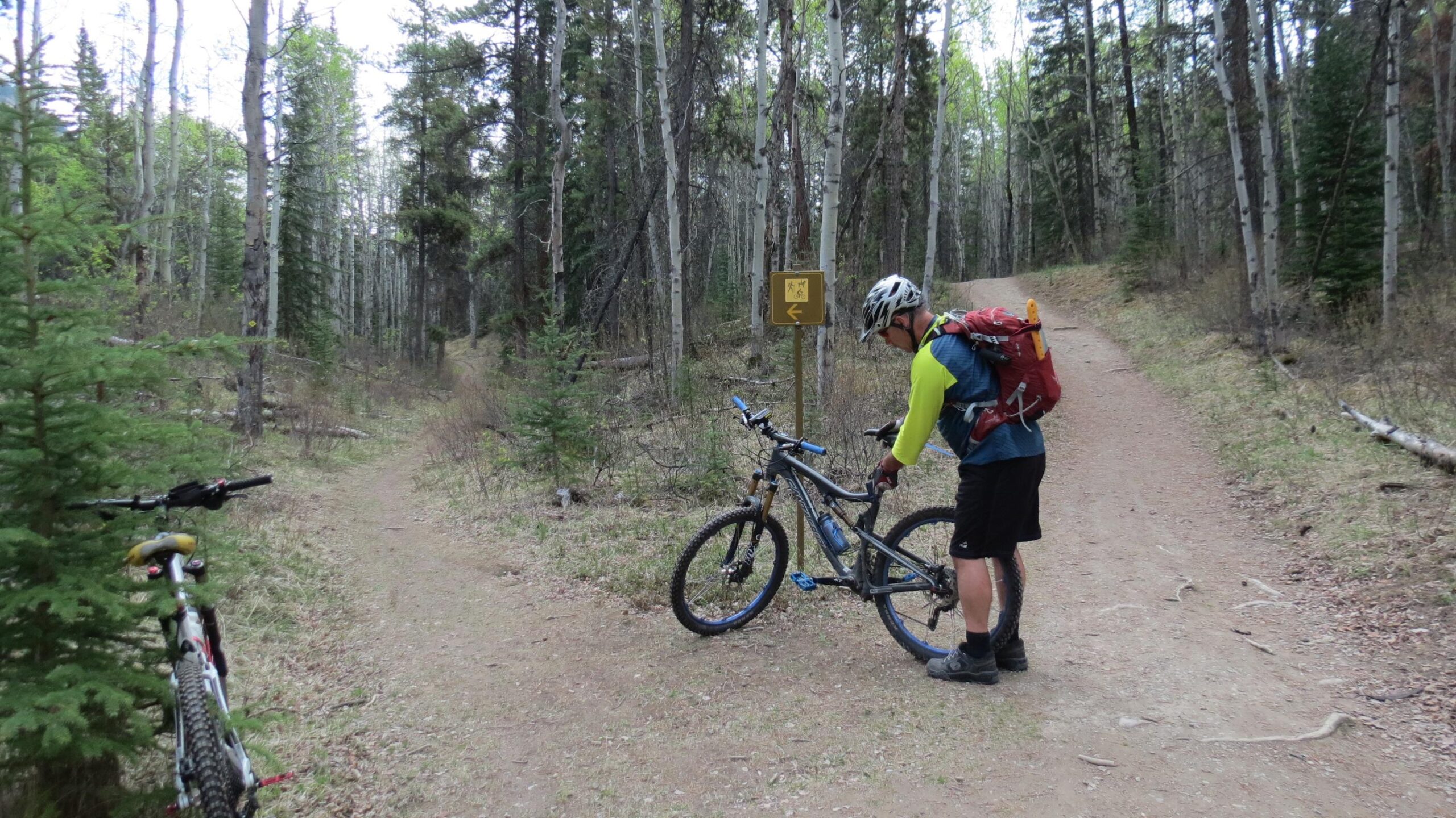 A mountain biker in a bright yellow long-sleeve shirt and black shorts examines their bike near a trail sign in a forested area. Two paths diverge in a natural setting with tall trees and greenery, indicating a trail suitable for both bikes and hikers. 12 to 5 to 5 / Valley of the Five Lakes and Wabasso Lake mountain bike trail.