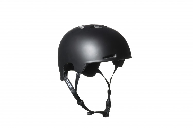 A black protective helmet with ventilation holes and adjustable straps, viewed from the side against a white background.