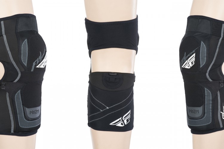 Knee brace featuring a black design with gray accents, shown from three angles. The brace is designed for support and protection, with adjustable straps and padding for comfort.