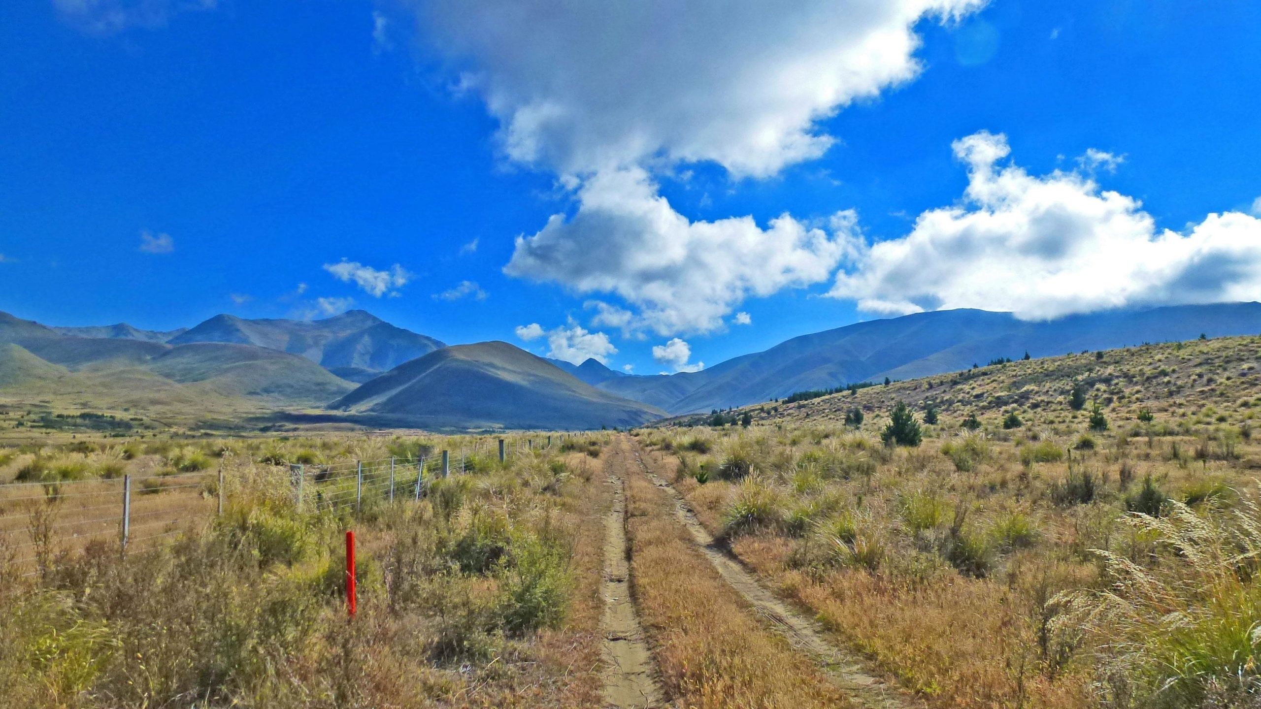 A dirt road stretches through a grassy landscape, flanked by low shrubs and a fence. In the background, rolling hills and mountains rise under a bright blue sky dotted with fluffy white clouds. The scene conveys a tranquil and expansive natural setting. Baikie Hut mountain bike trail.