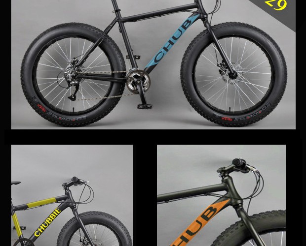 Image of multiple fat tire bicycles from the brand Chub. The main bike, displayed prominently, features a black frame with a blue logo and thick tires. Two additional bikes are shown in smaller images: one in yellow with the label "Chubbie," and another in black with an orange logo. The top corner includes a promotional banner stating "Starting at $429." The background is a neutral gray.