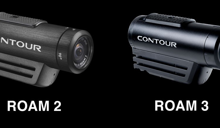 Image of two Contour action cameras side by side, labeled "ROAM 2" and "ROAM 3" below each camera. The ROAM 2 has a sleek black design with a prominent lens and textured grip, while the ROAM 3 features a more refined look with a slightly different lens design. Both cameras are showcased against a black background.
