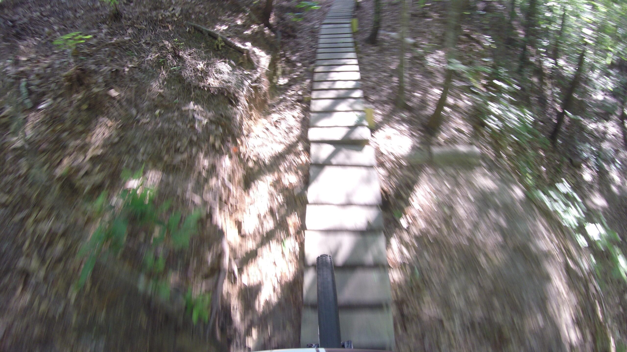 A narrow wooden boardwalk stretching through a forest, viewed from a cyclist's perspective. The ground is covered with fallen leaves and small plants, creating a natural setting with dappled sunlight filtering through the trees. The image conveys a sense of motion, suggesting the cyclist is actively riding along the path. Boyd Pond mountain bike trail.