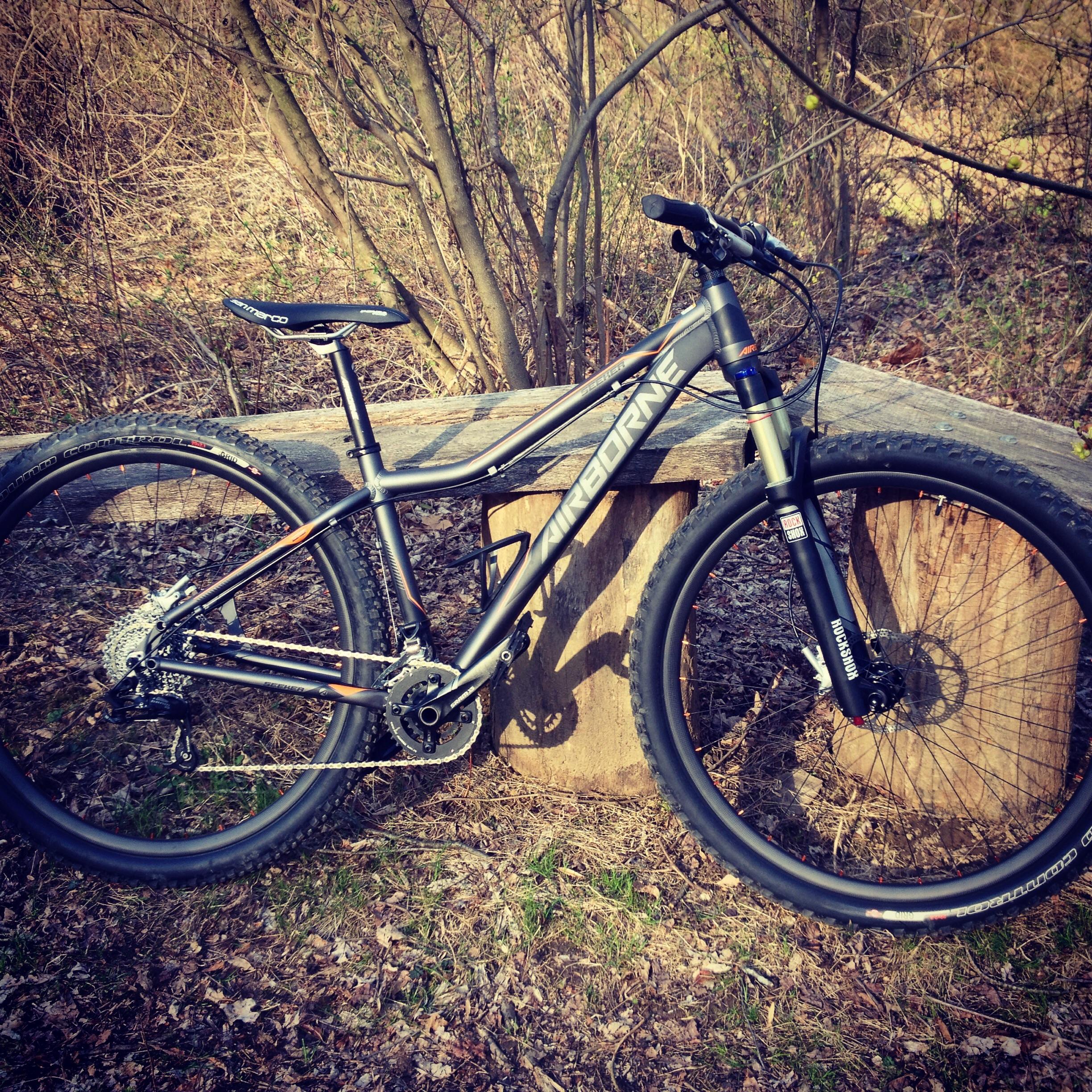 Airborne Seeker: A mountain bike resting on a wooden log in a natural setting, surrounded by trees and dry leaves. The bike features a sleek metal frame, thick tires, and a visible gear system, highlighting its purpose for rugged terrain. Soft sunlight filters through the trees, creating a calm atmosphere.