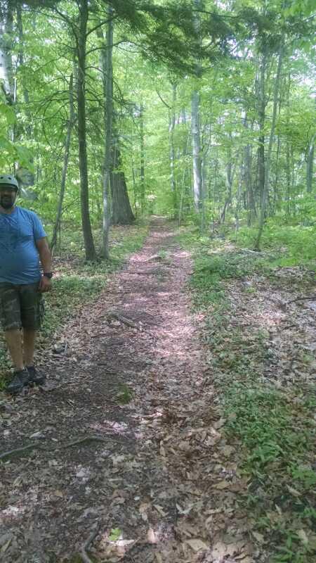 A wooded trail lined with lush green trees, with a man standing on the left side of the path. Sunlight filters through the foliage, casting dappled light on the ground covered in leaves and greenery. The path winds through the forest, inviting exploration. The Boulders mountain bike trail.